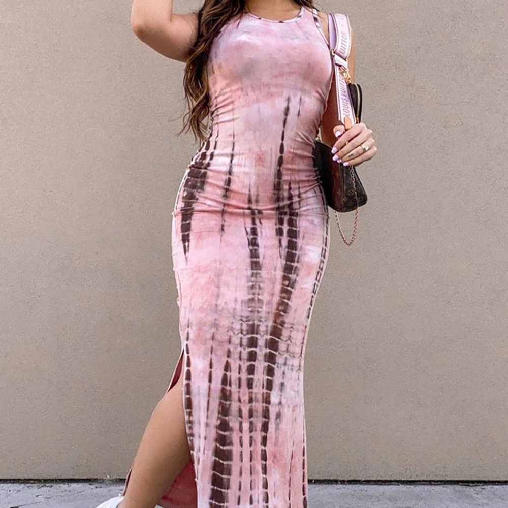 Pink and Brown Tie Dye Slit Side Maxi Dress